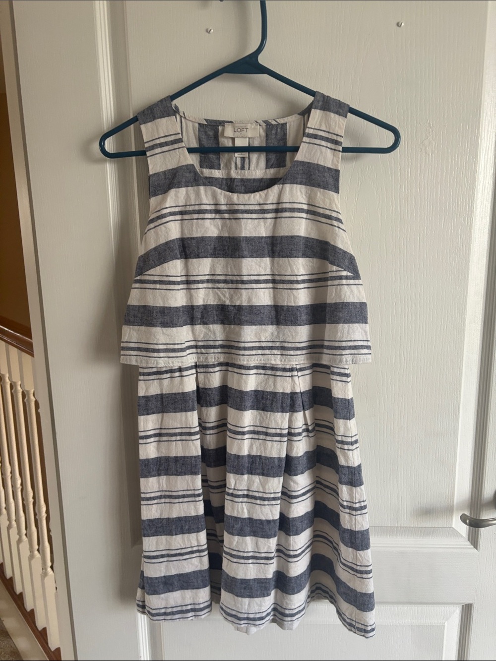 LOFT Navy & White Striped Sleeveless Dress with Layered Bodice